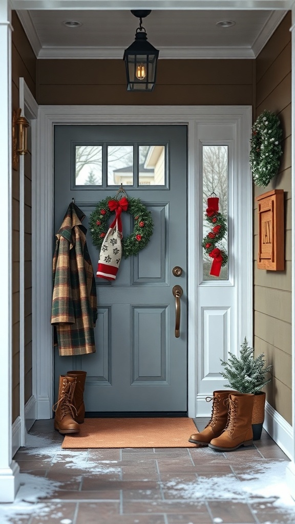 A stylish winter entryway featuring a decorated door with wreaths, boots, and a cozy plaid coat.