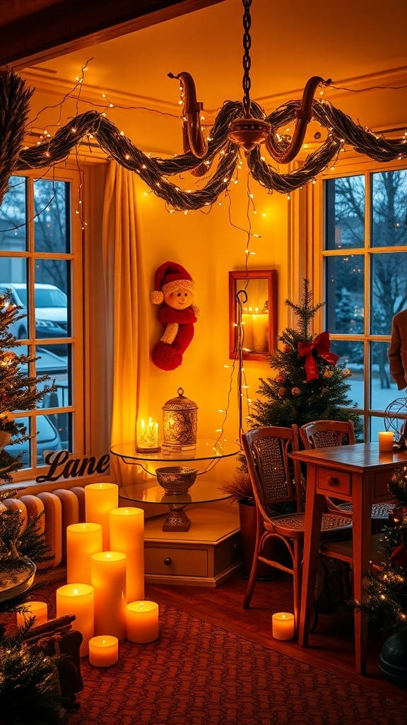 Cozy winter home interior with warm lighting and decorations.