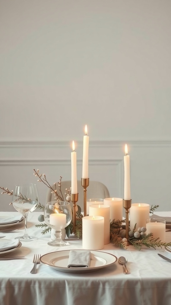 A minimalist Christmas table setting with candles and greenery.