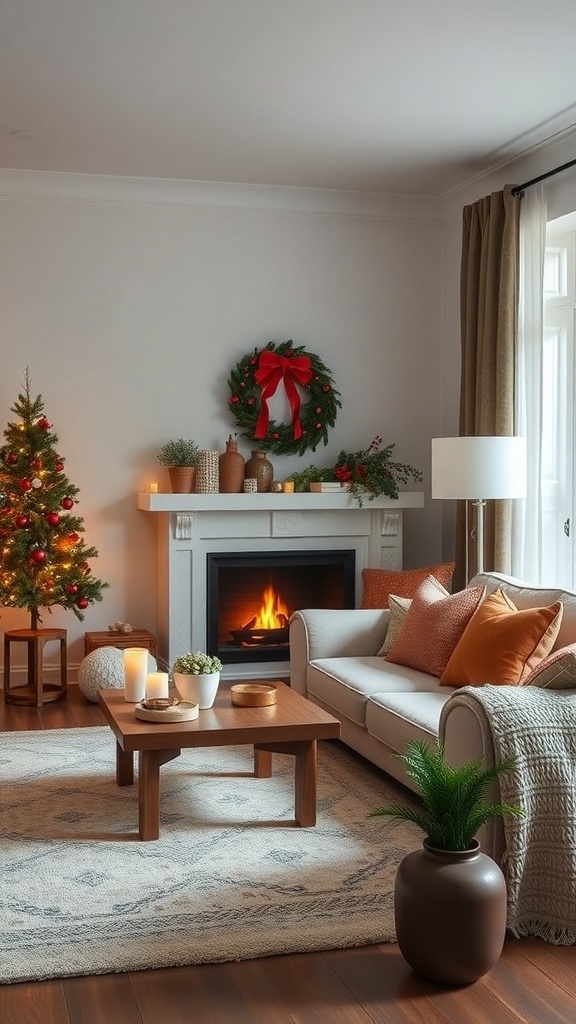 A cozy living room with minimal Christmas decor, featuring a small tree, a wreath, and warm lighting.
