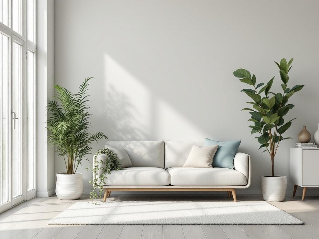 A neutral living room with a light sofa, accent pillows, plants, and large windows