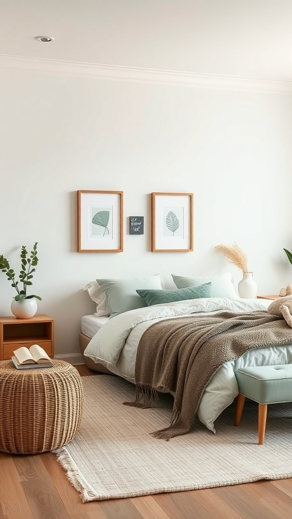 A neutral bedroom with soft green accents, featuring framed leaf prints and cozy textures.