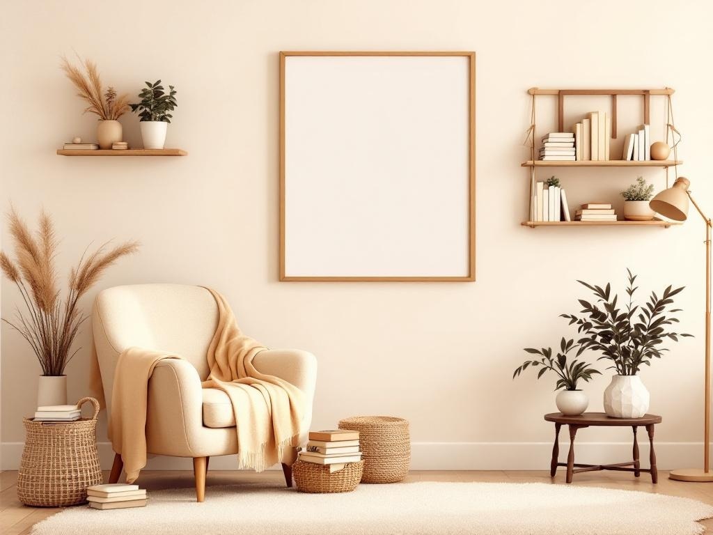 A cozy room featuring beige walls, a comfortable chair with a throw, plants, and books on shelves.