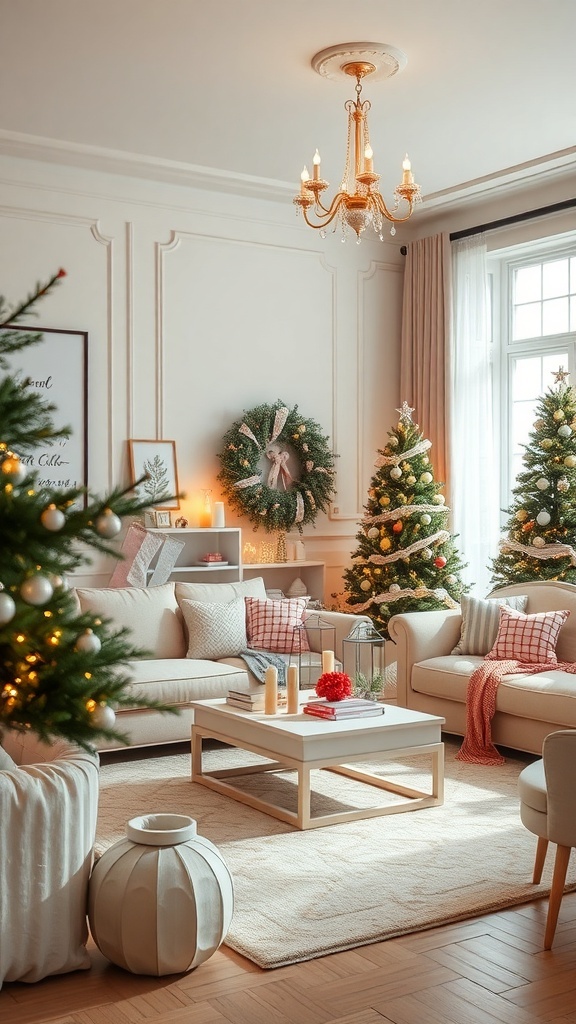 A cozy living room decorated for Christmas with subtle colors.