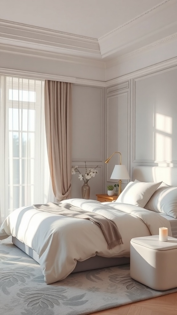 A pastel bedroom featuring soft gray tones with natural light.