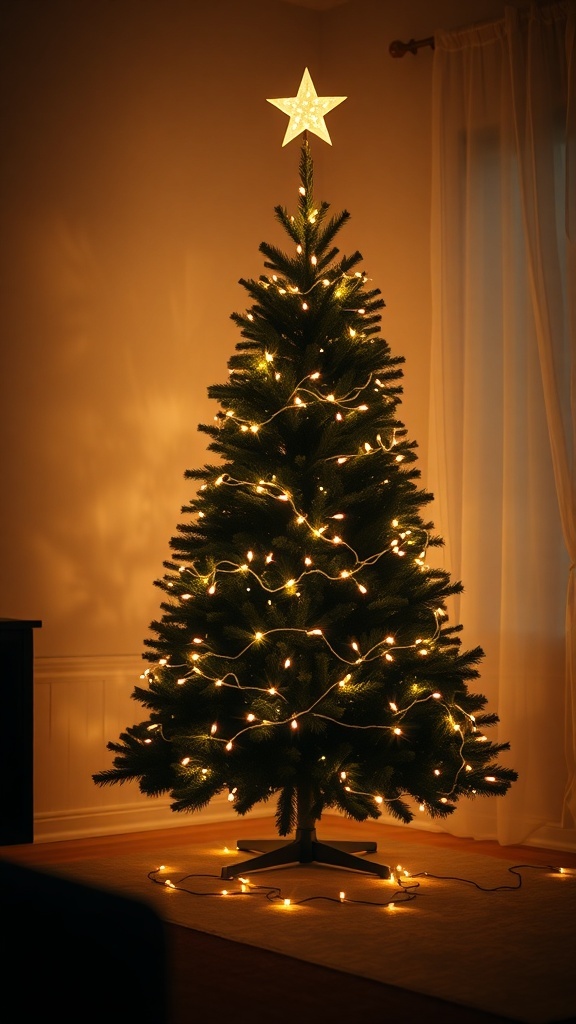 A Christmas tree with soft lighting and a star on top, creating a warm and cozy atmosphere.
