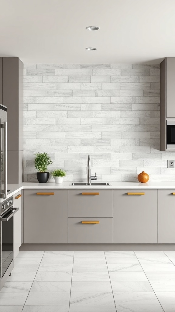 Modern kitchen with light marble tiles and golden cabinet handles