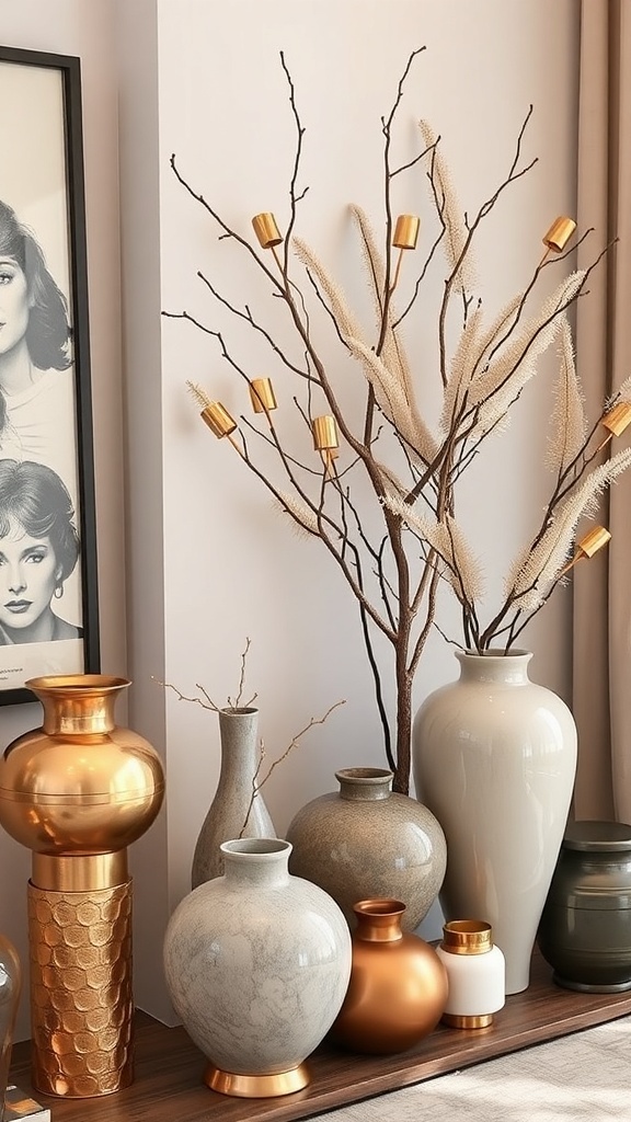 A display of neutral fall decor featuring golden accents, soft textures, and natural elements.