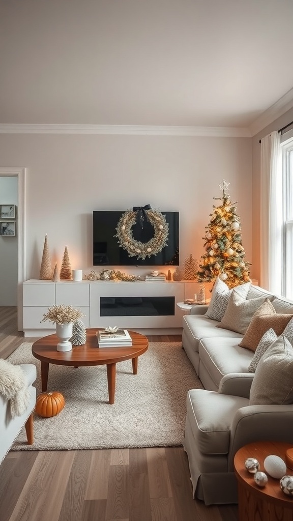 A cozy living room decorated for Christmas with neutral tones and subtle metallic accents.