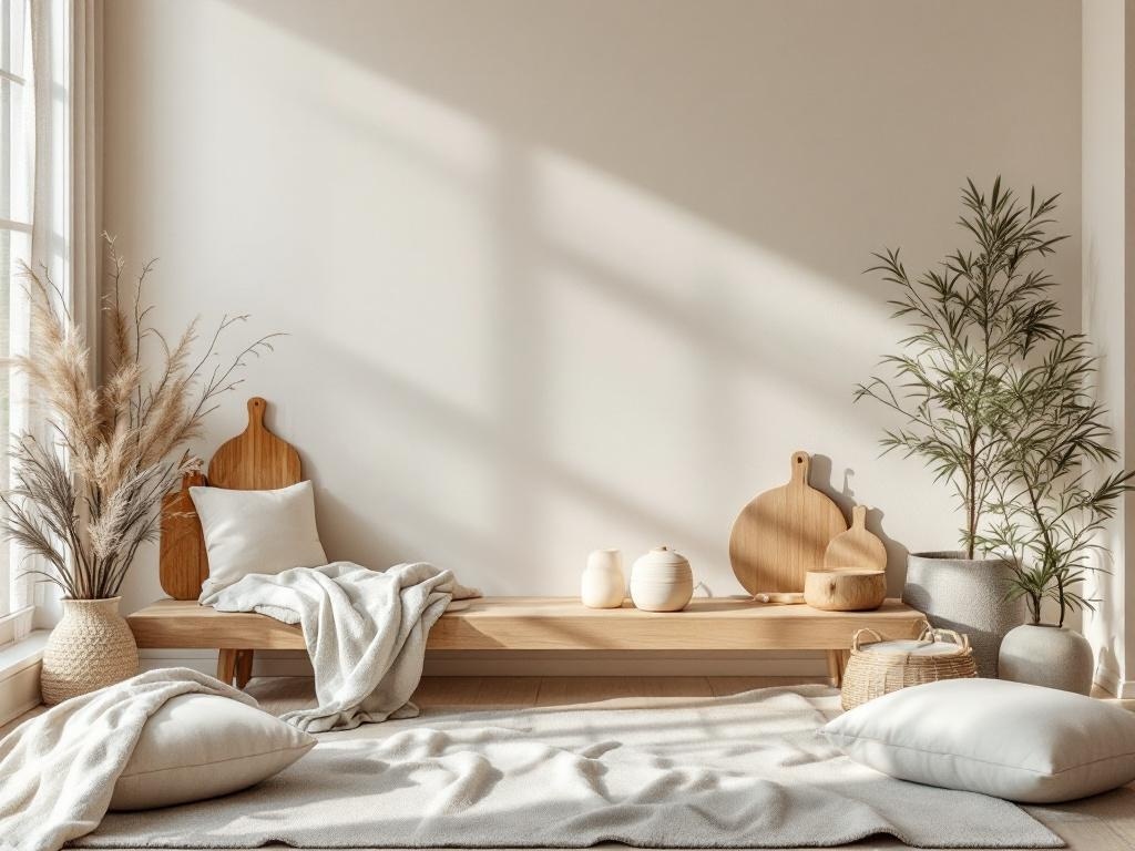 A cozy corner with neutral tones, featuring a wooden bench, soft pillows, and plants.