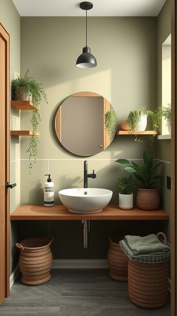 A bathroom featuring subtle olive green walls, wooden shelves, and plants.