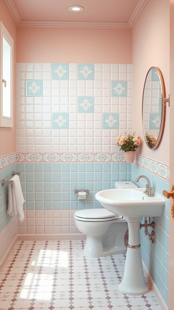 A bathroom featuring pastel pink and blue tiles with floral accents.
