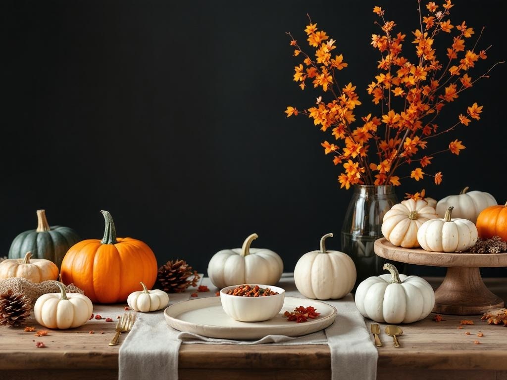 Thanksgiving table setting with pumpkins, flowers, and rustic elements