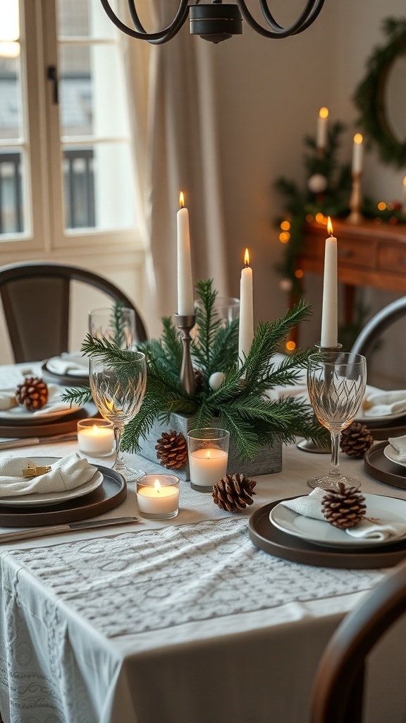 A beautifully set dining table with candles, pinecones, and greenery.