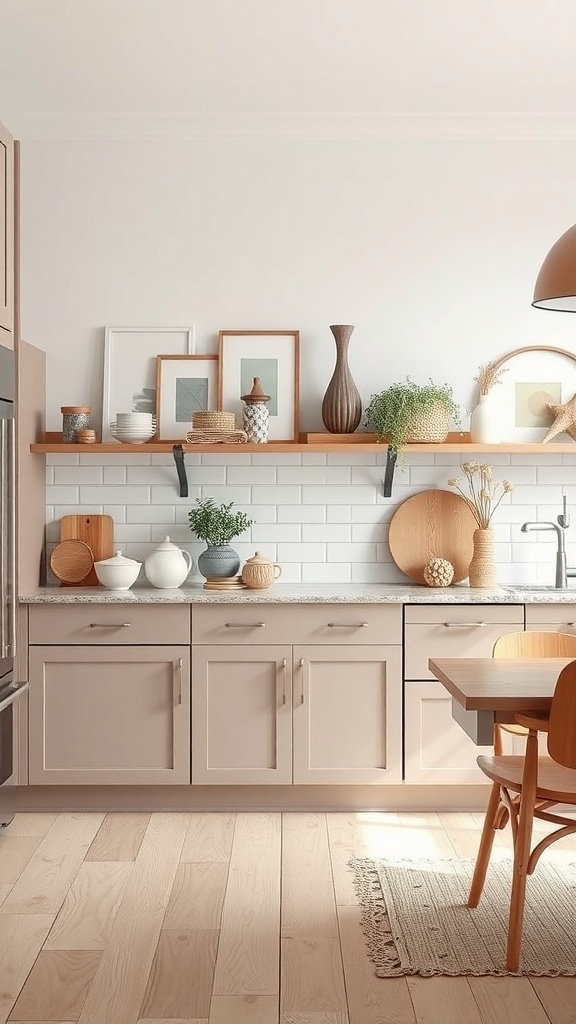 A neutral kitchen with taupe cabinets, open shelving, and light wood flooring.