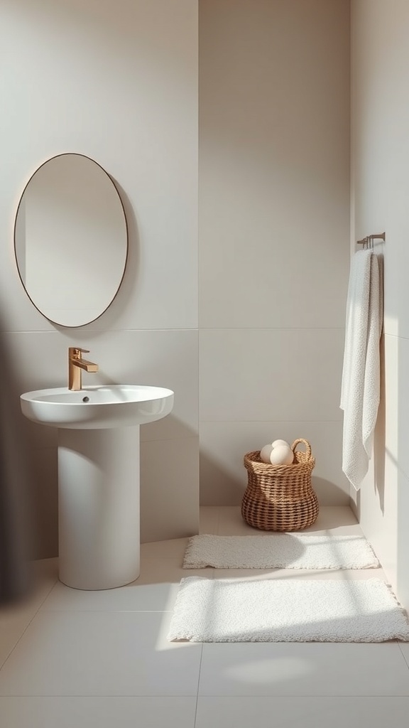 A minimalist bathroom featuring soft towels and a cozy rug.