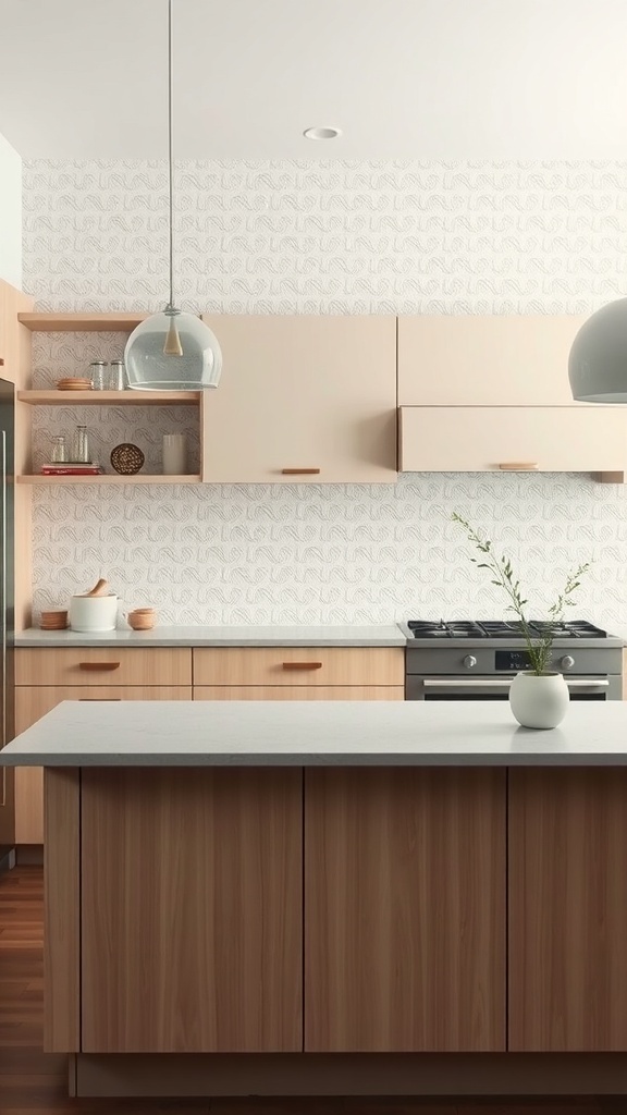 A modern kitchen featuring subtle textured wallpaper, light wood cabinets, and a clean countertop.