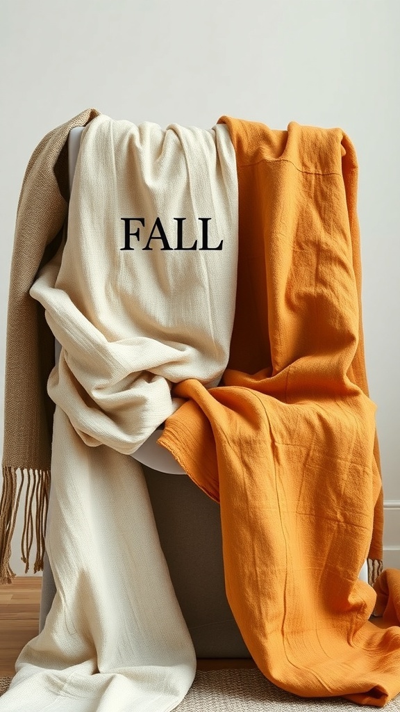 Cozy fall blankets in cream and orange draped over a chair with the word 'FALL' on one