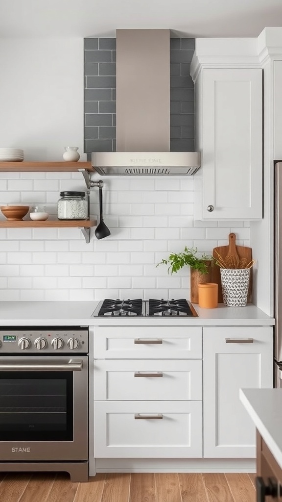 Modern farmhouse kitchen with subway tile backsplash and stainless steel appliances.