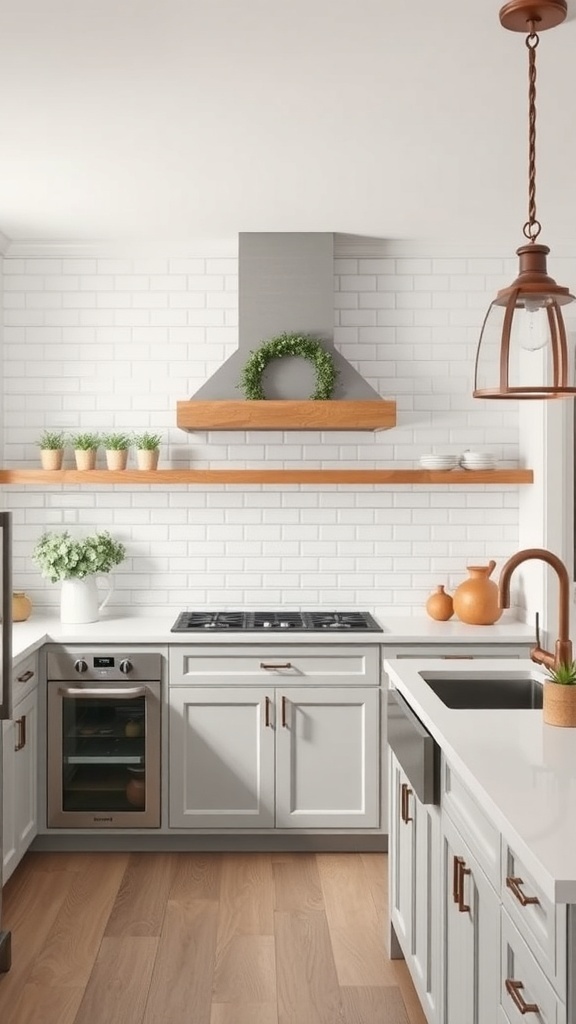 Modern farmhouse kitchen with subway tile backsplash and wooden accents.