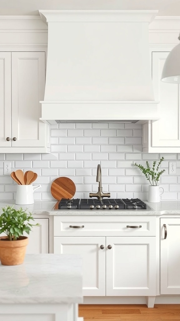 Farmhouse kitchen with a white subway tile backsplash and modern appliances.