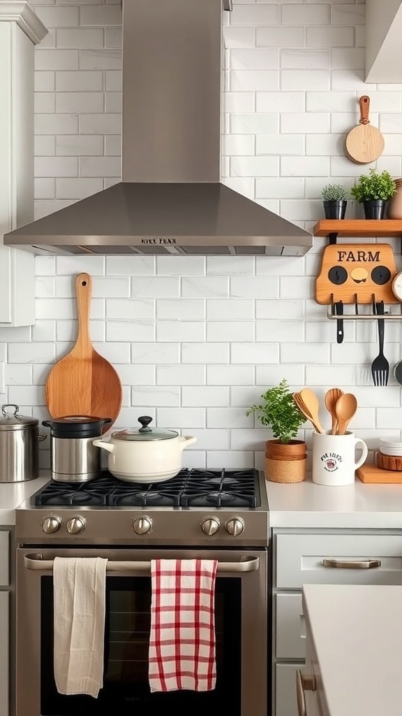 Farmhouse kitchen with subway tile backsplash and farm-themed decor