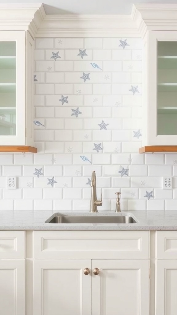 Coastal farmhouse kitchen with a subway tile backsplash featuring sea motifs.