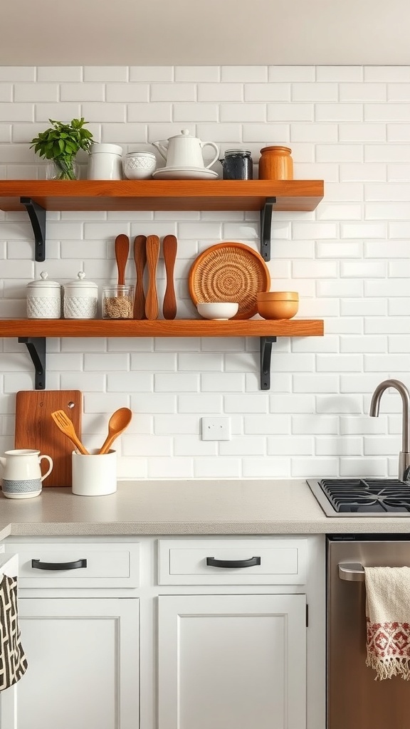 A rustic farmhouse kitchen with white subway tile backsplash, wooden shelves, and kitchenware.