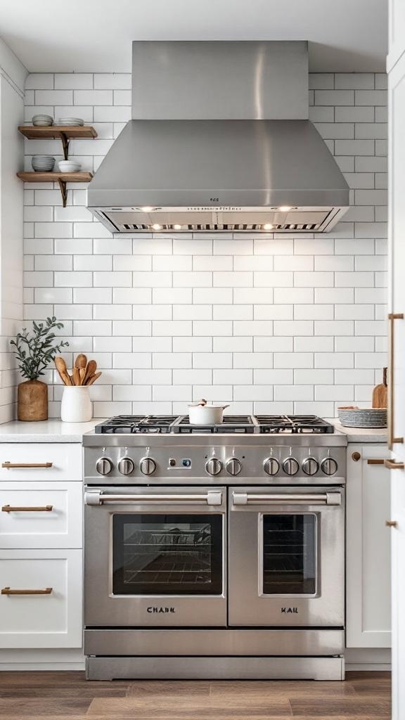 A modern kitchen featuring a white subway tile backsplash, stainless steel appliances, and wooden shelves.