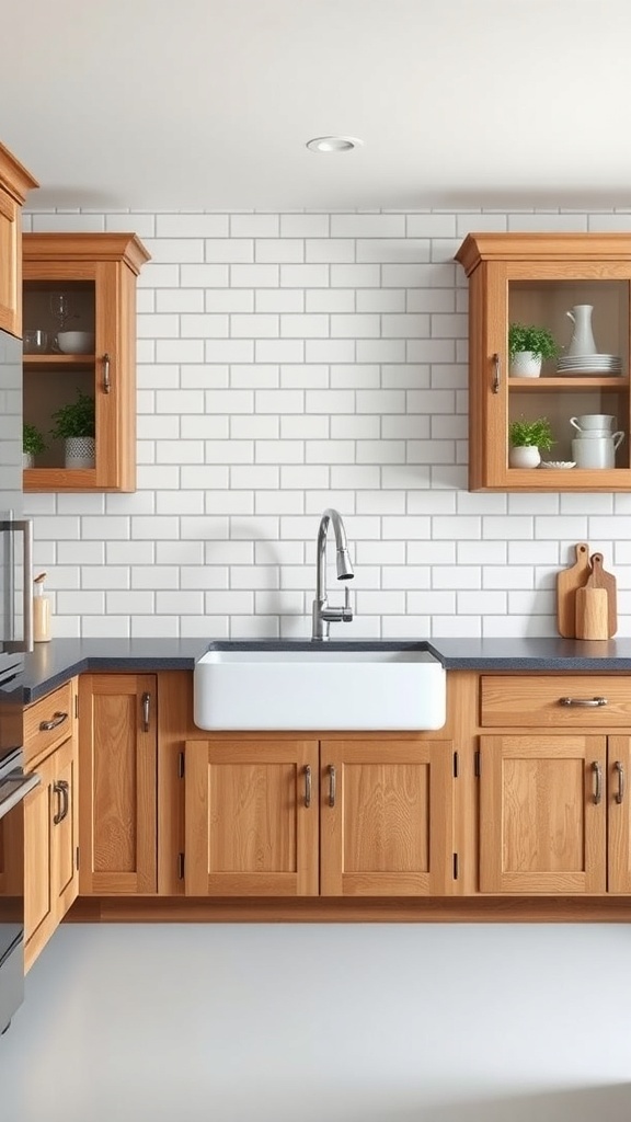 A farmhouse kitchen featuring a white subway tile backsplash with wooden cabinets and a farmhouse sink.