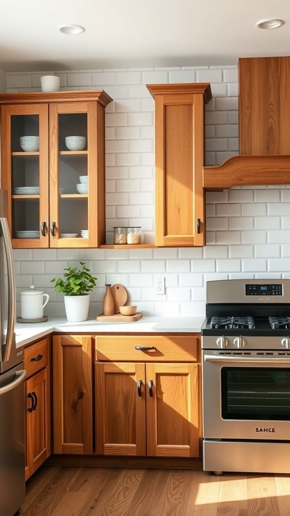 A modern farmhouse kitchen featuring warm wooden cabinets and a white subway tile backsplash.