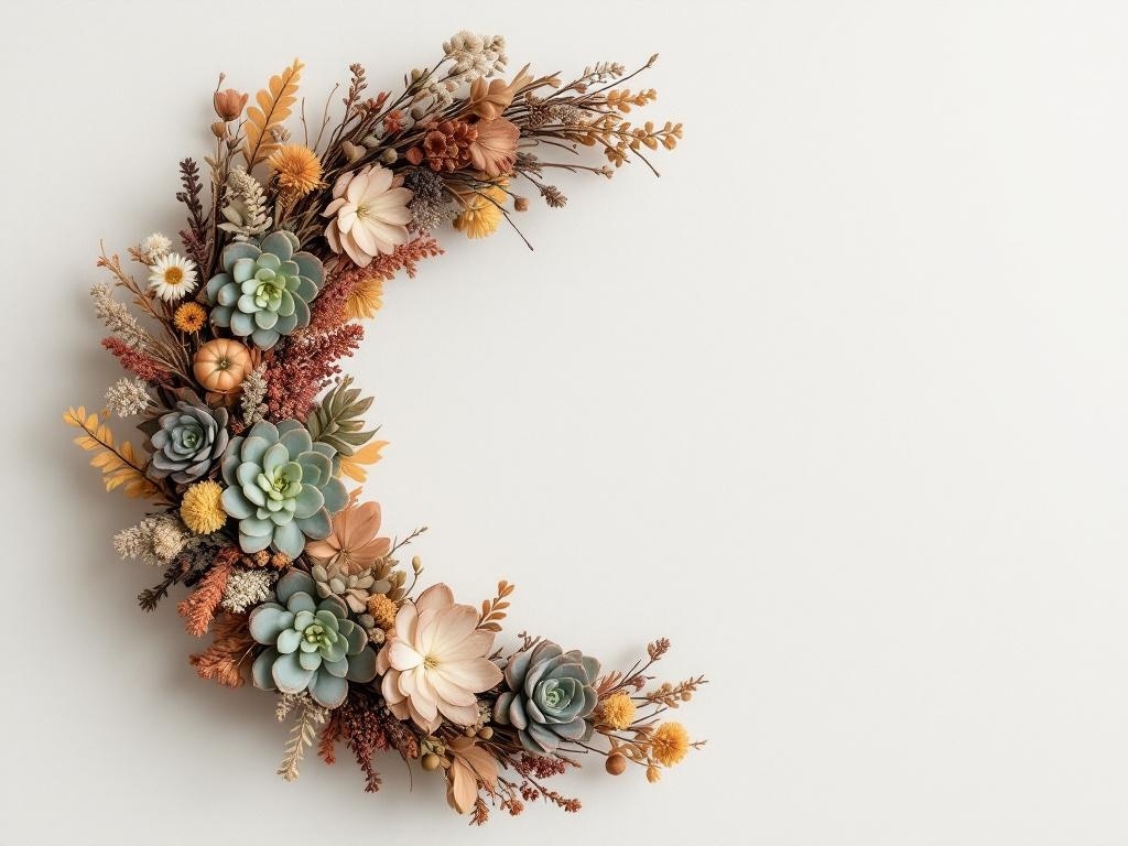 A wreath made of succulents and dried flowers in autumn colors.