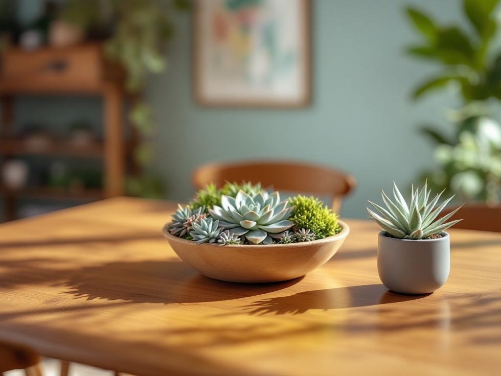 A wooden bowl filled with various succulents and a smaller succulent in a pot on a table.