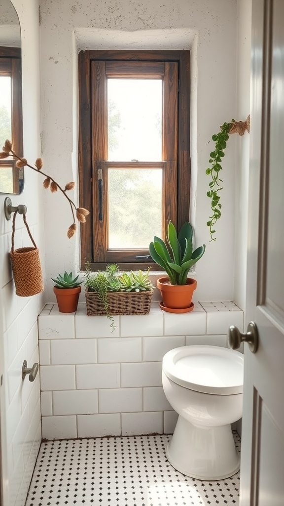 A small rustic bathroom featuring various succulent plants on a windowsill and shelf.