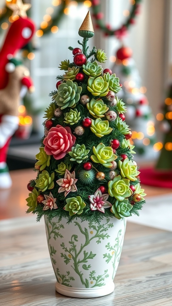 A decorative succulent tree arrangement in a white pot with colorful succulents and ornaments.