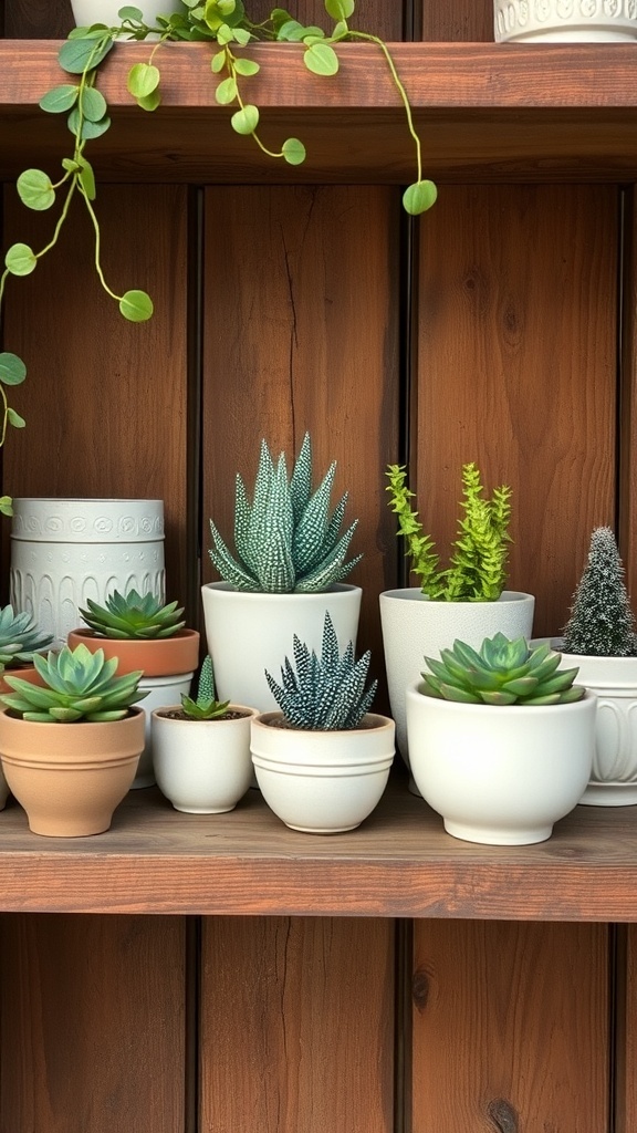 A wooden shelf displaying various succulents in different pots.