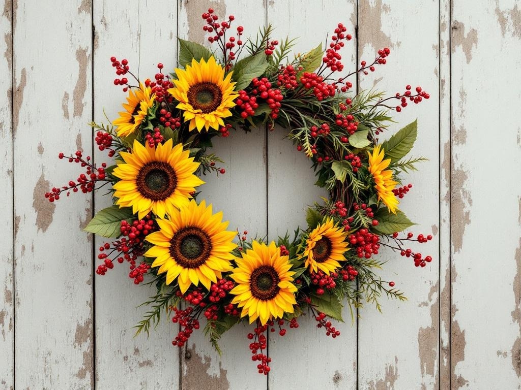 A fall wreath featuring bright yellow sunflowers and red berries on a rustic wooden background.