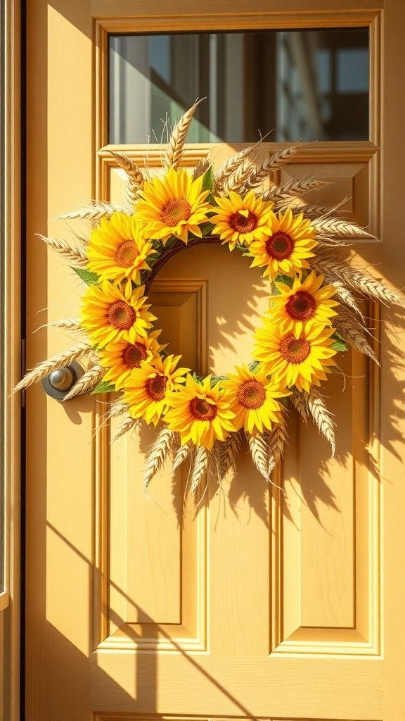 A vibrant sunflower and wheat sheaf wreath hanging on a front door.