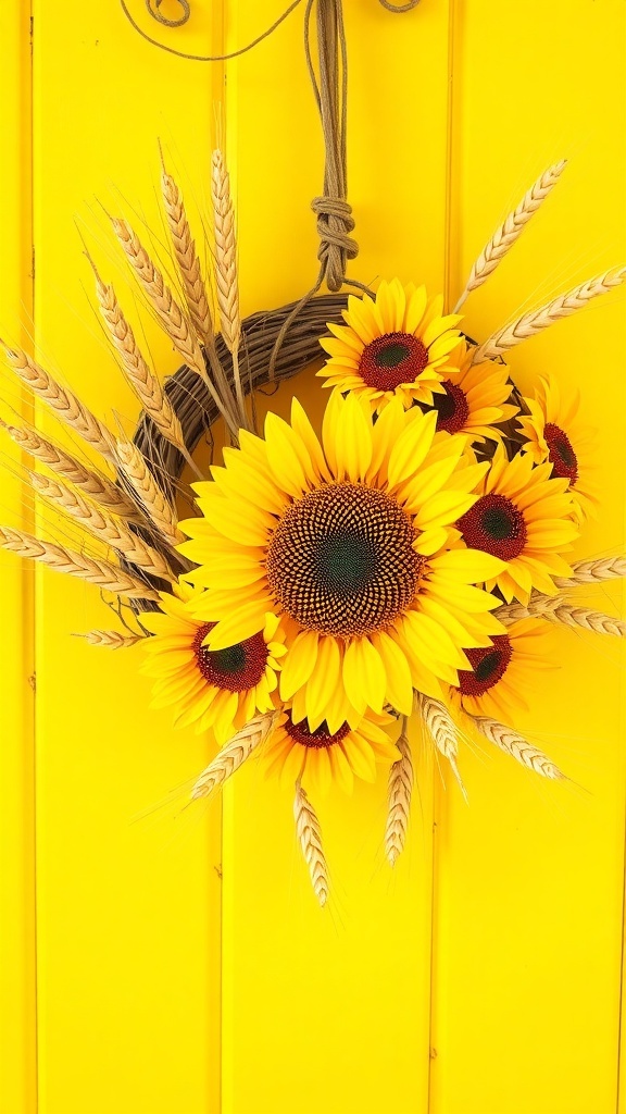 A beautiful wreath featuring sunflowers and wheat stalks, symbolizing harvest and warmth.