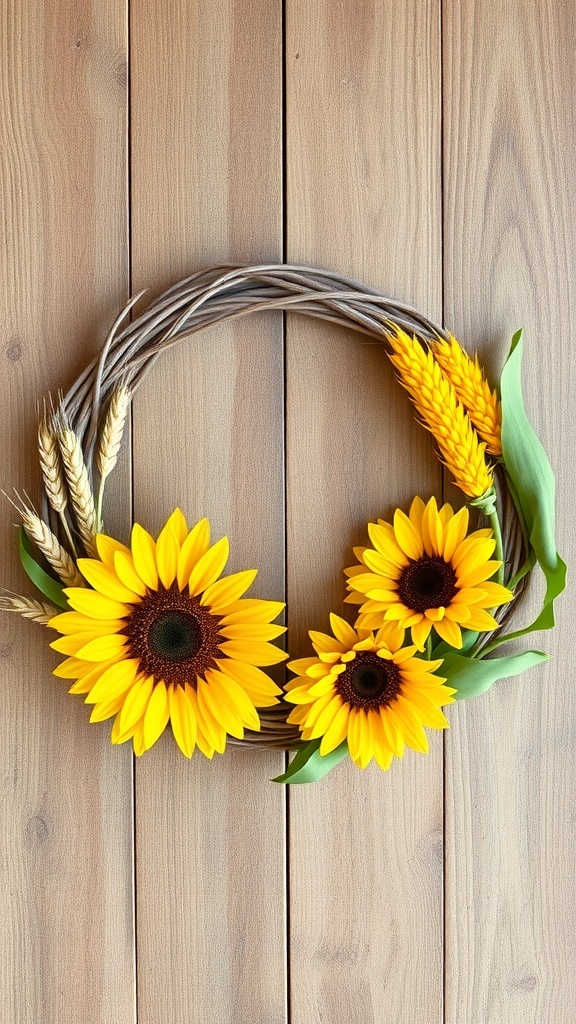 A beautiful sunflower and wheat wreath on a wooden background.