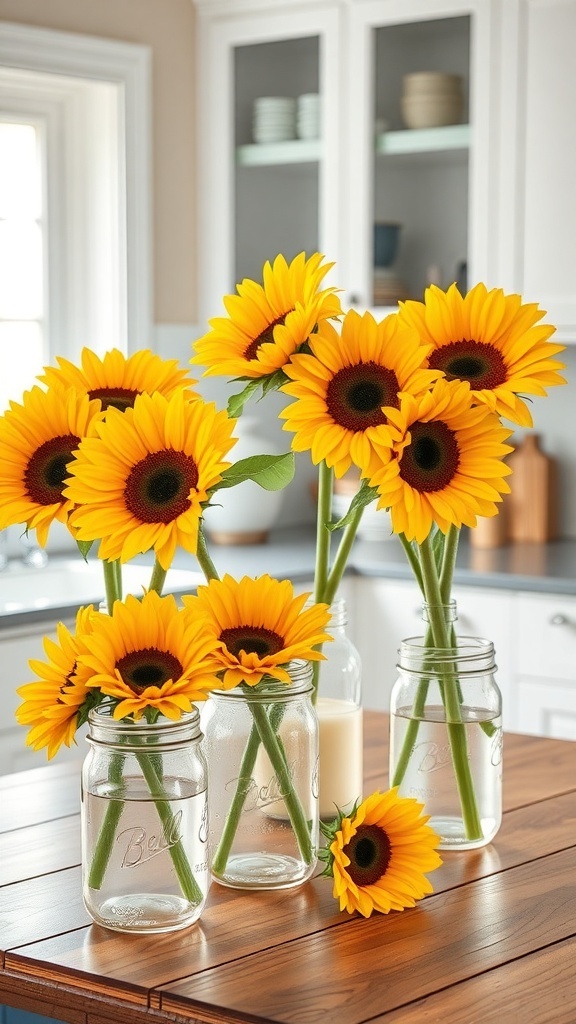 Sunflower bouquets in mason jars on a wooden table