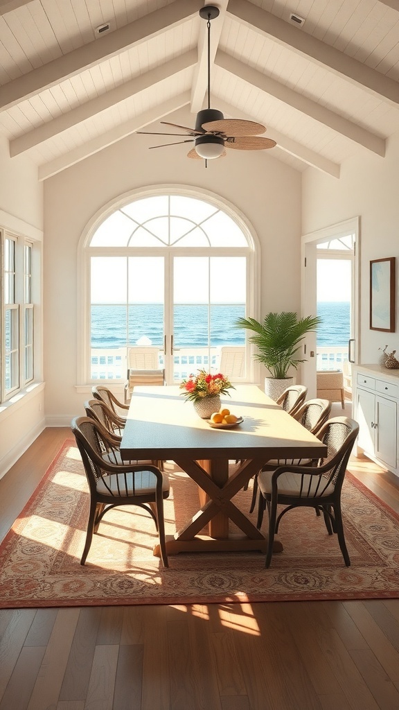 A sunlit dining area with a large table, chairs, and ocean view through big windows.