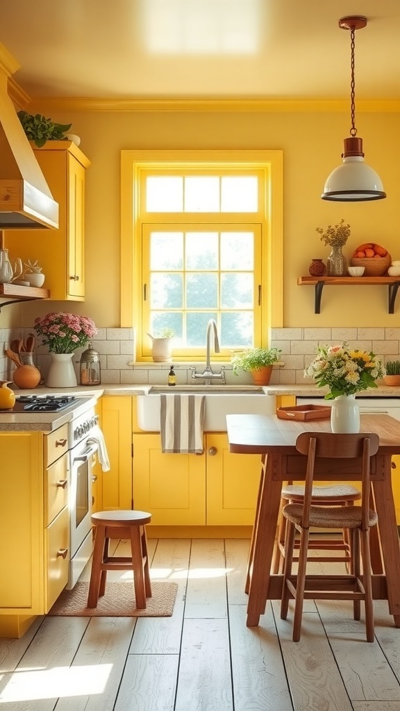 A bright and cheerful farmhouse kitchen with yellow cabinets and natural light.