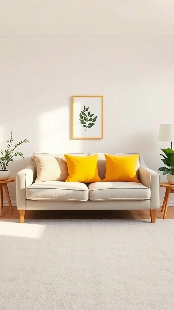 A cozy sofa with sunny yellow throw pillows in a pastel bedroom setting.