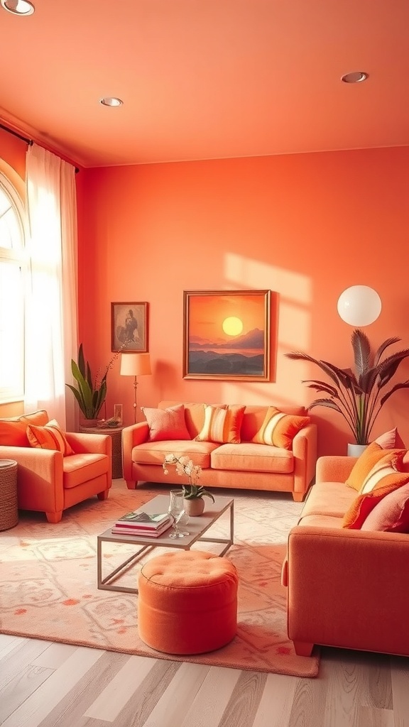 A warm-tone living room with orange walls and furniture, inspired by sunset colors.