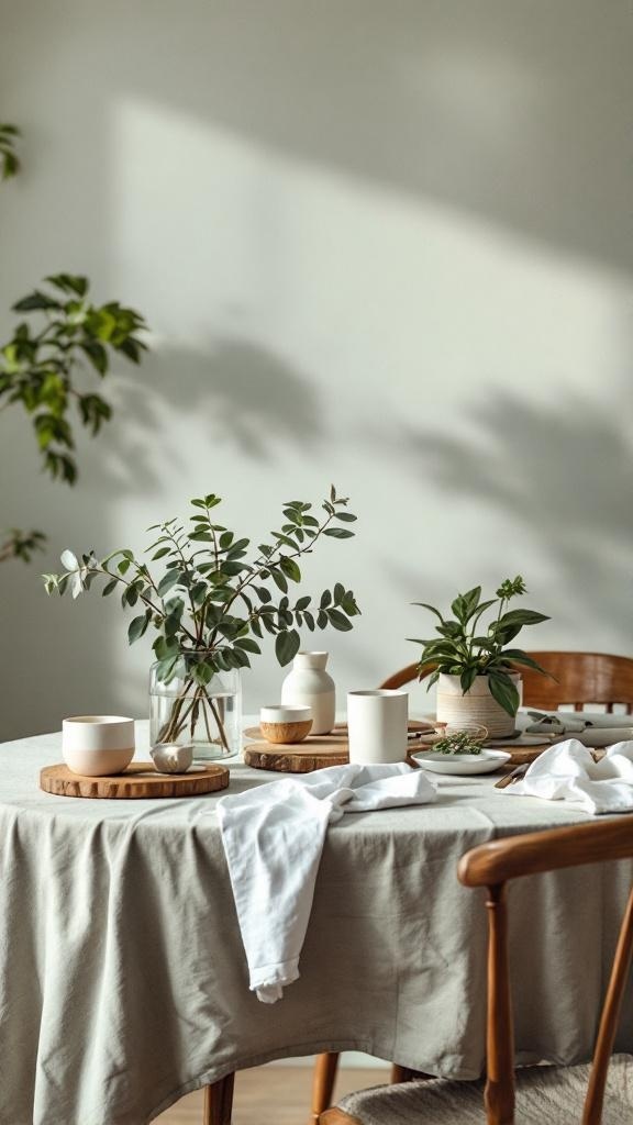 A kitchen table set with plants, neutral dishware, and a soft tablecloth, showcasing a sustainable and eco-friendly dining setup.