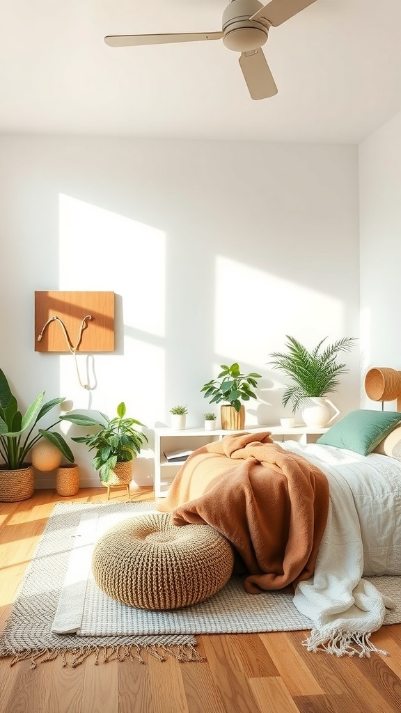 A bright and earthy bedroom featuring plants, natural materials, and warm colors.