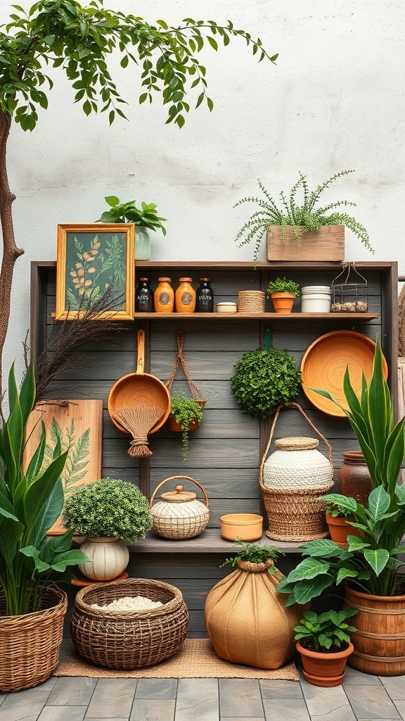 A rustic display of eco-friendly materials including plants, woven baskets, and wooden decor.
