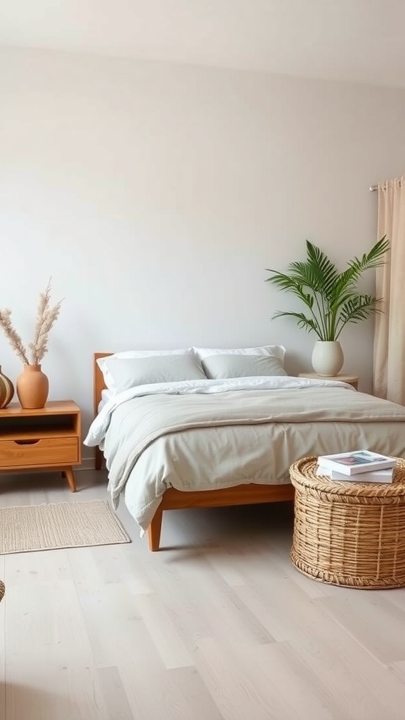 A cozy bedroom featuring earthy tones with natural wood furniture and plants.