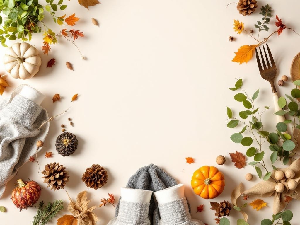 A Thanksgiving table spread featuring pumpkins, pinecones, and autumn leaves arranged beautifully.